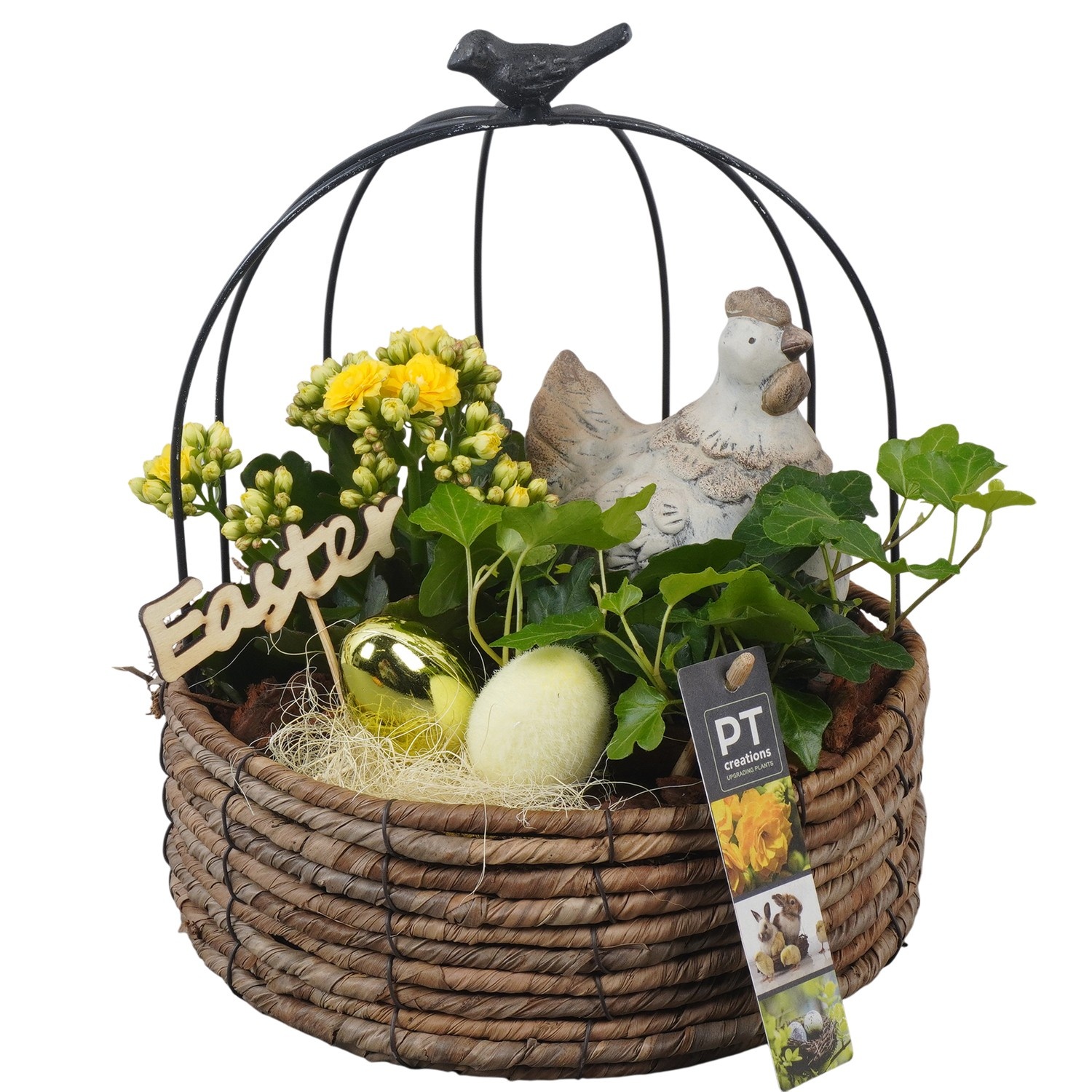 PTPB6568 Arrangement Easter in rieten mand met metaal, D 18