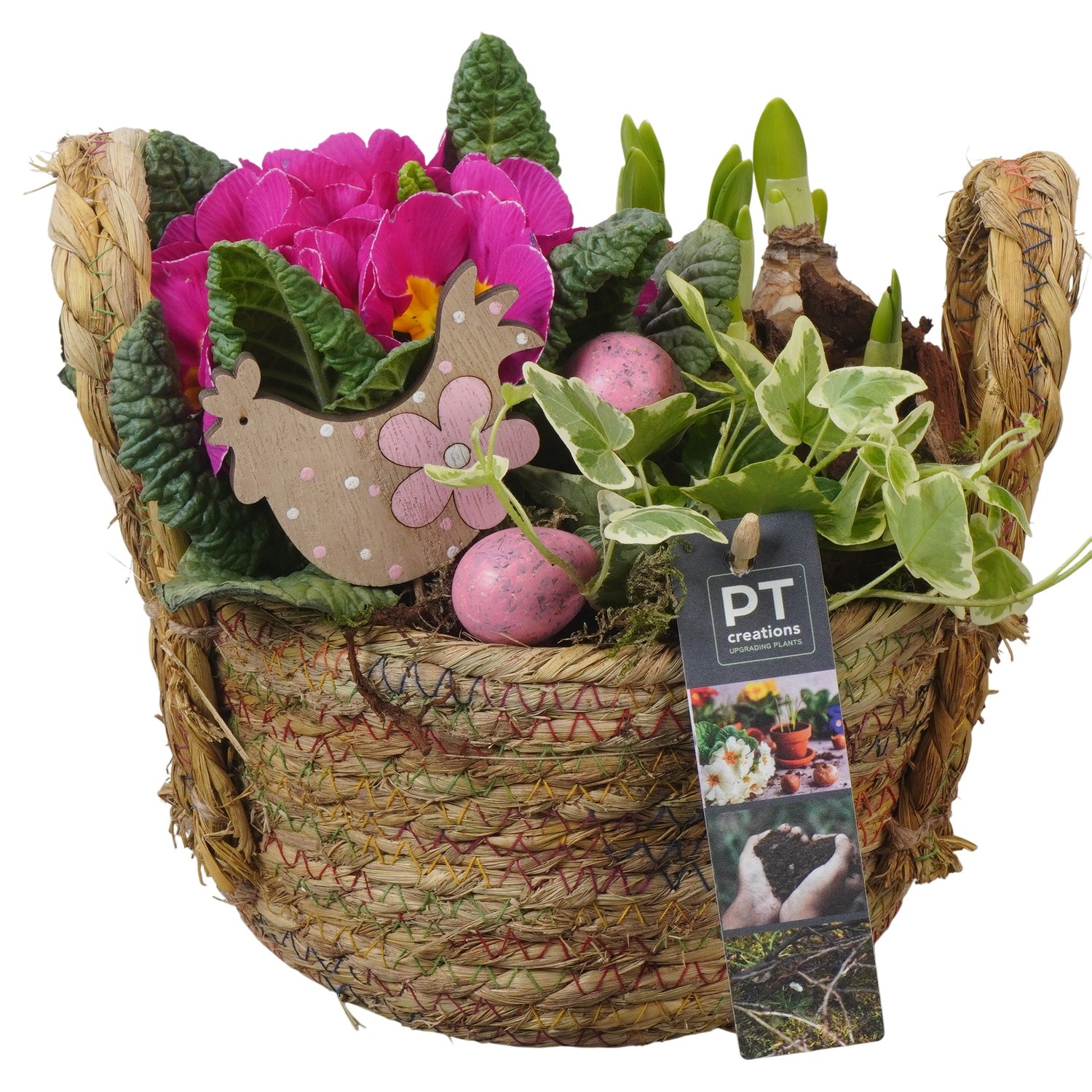 PTBMP5682 Arrangement Easter Bulbs Mix in rieten mand, D 18