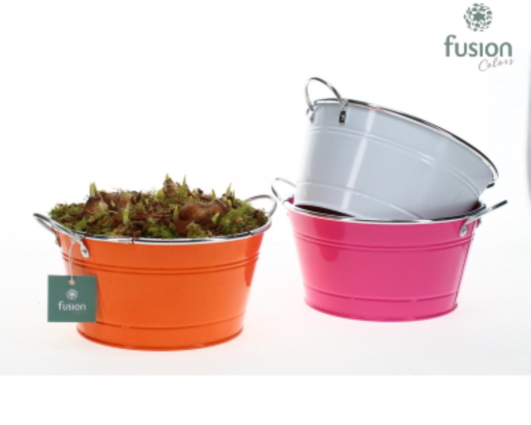 Zinken schaal rond div. kleuren met narcissen, D 20