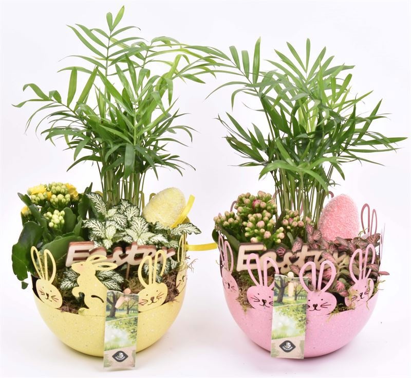 Zink schaal geel/roze paasdec. 16cm, D 16