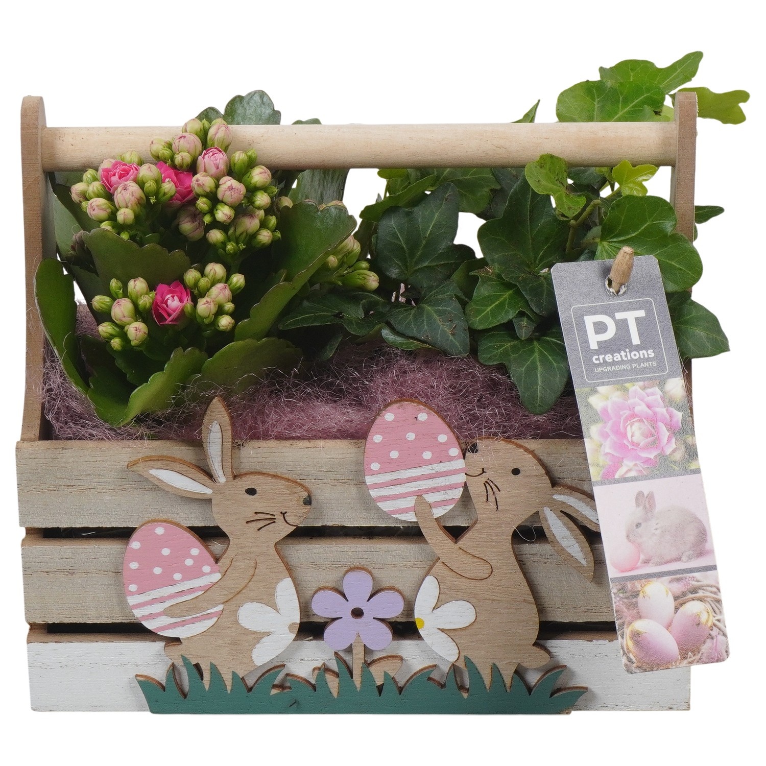 PTPB6578 Arrangement Easter in houten bak, D 18