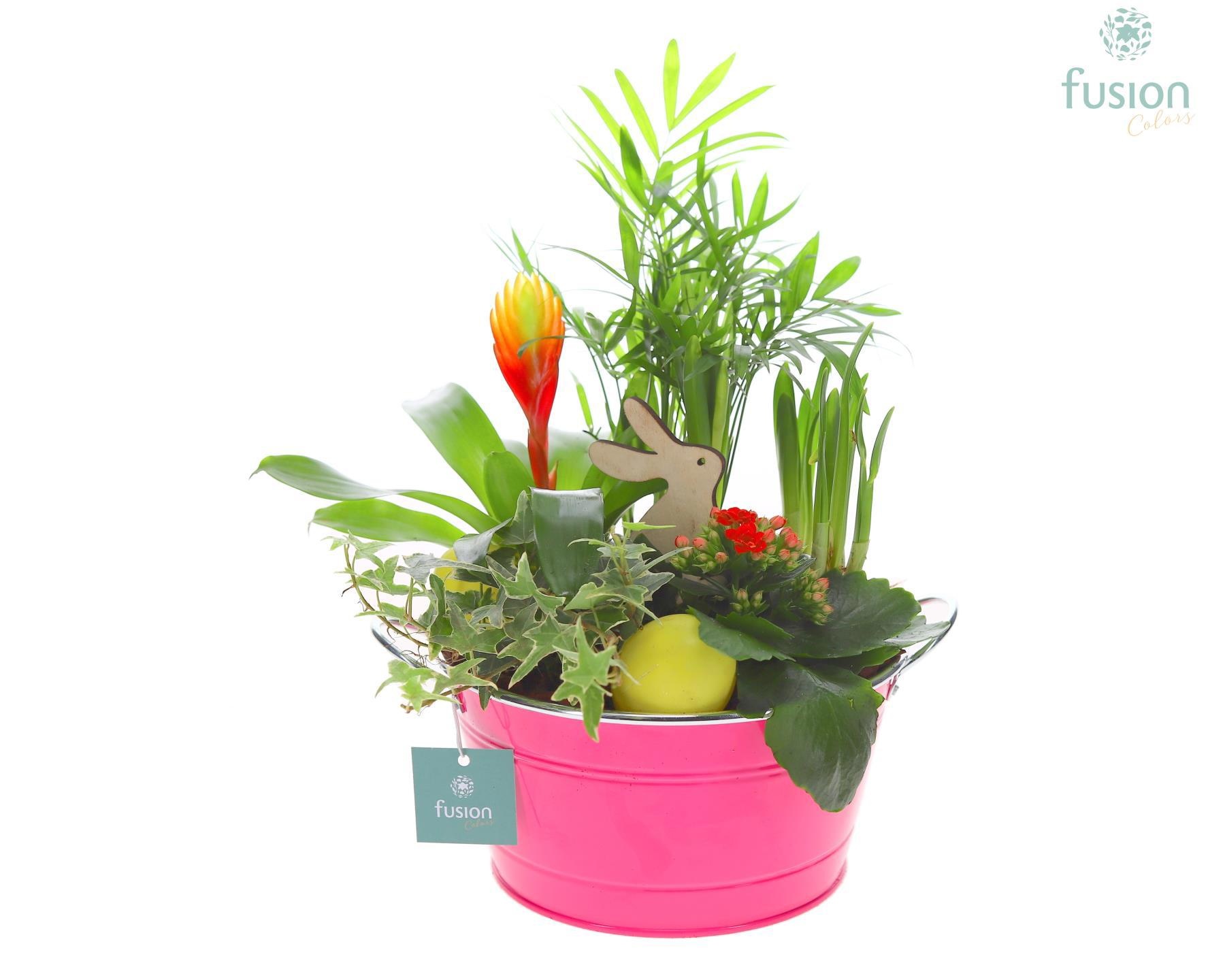 Schaal zink rond Pasen met Arrangement verschillende kleuren, D 20