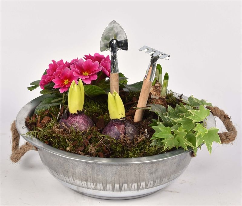 Zink schaal met touw 28cm, D 29