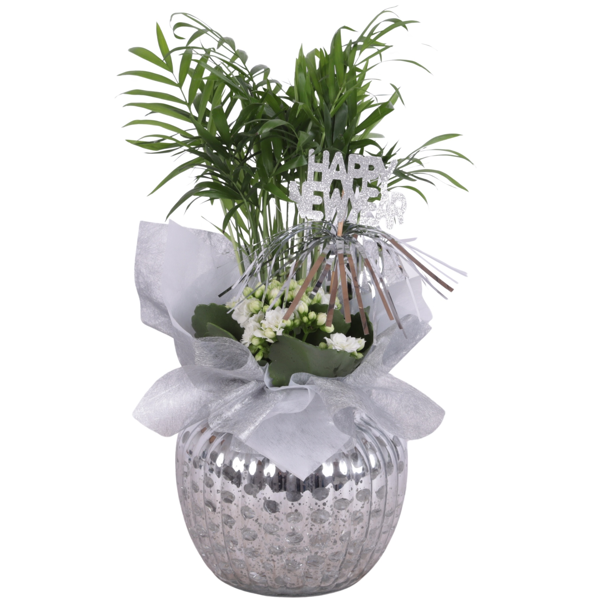 New Year Arr. Indoor Glass Round Relief Silver Ø15cm 2PP, D 15 cm