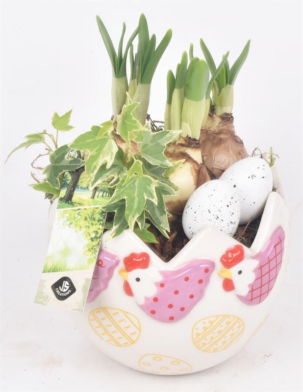 Keramiek ei met decor kip 13cm, D 13