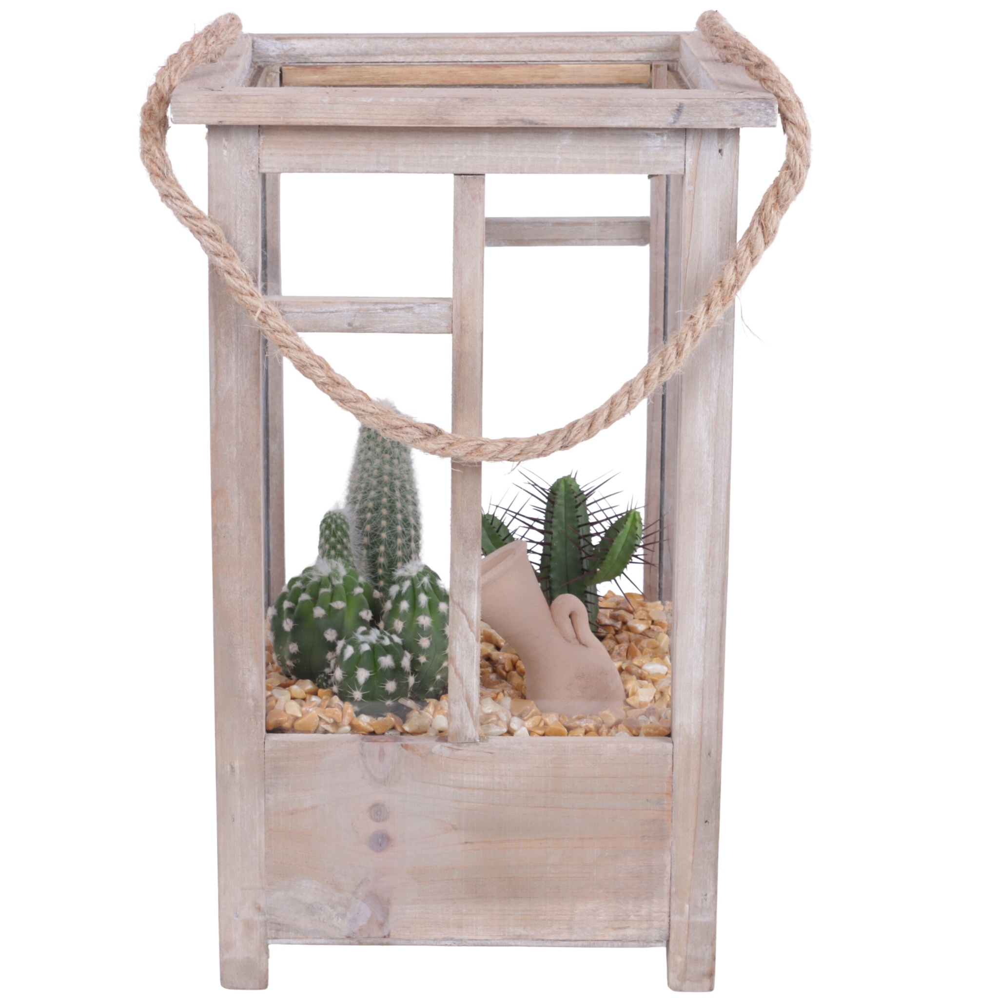 Yearround Arr. Cactus Wooden Lantern pot Brown mix/3 Ø19cm 3PP, D 19