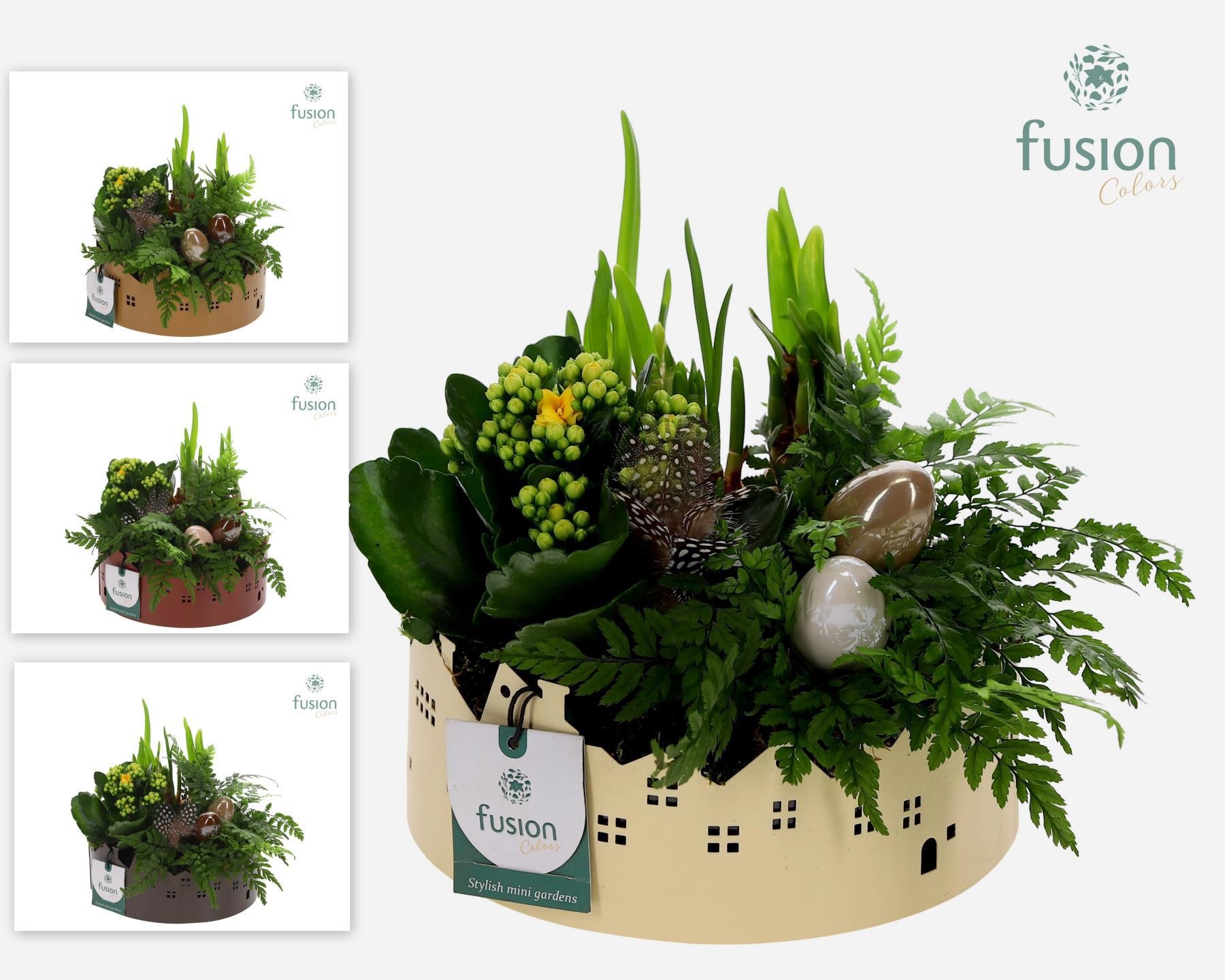 Zinken schaal Huisjes Medium met Pasen arrangement, D 19