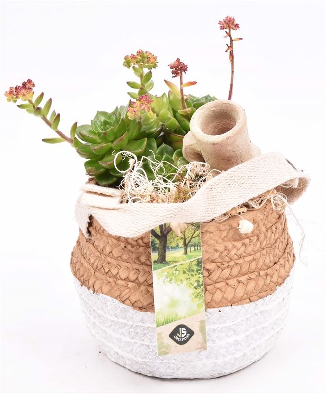 Cement pot met jute handvat 14,5cm, D 15