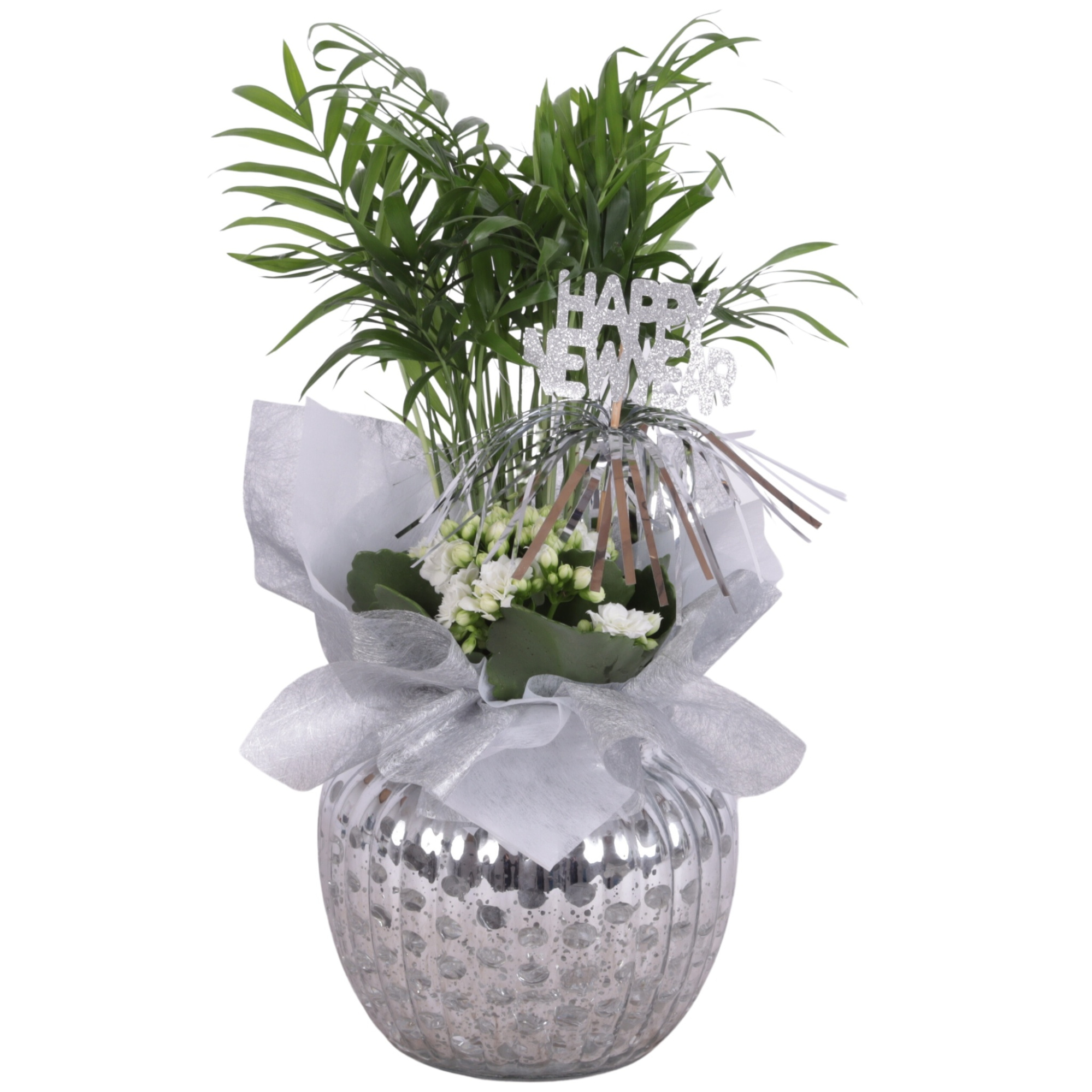 New Year Arr. Indoor Glass Round Relief Silver Ø15cm 2PP, D 15 cm